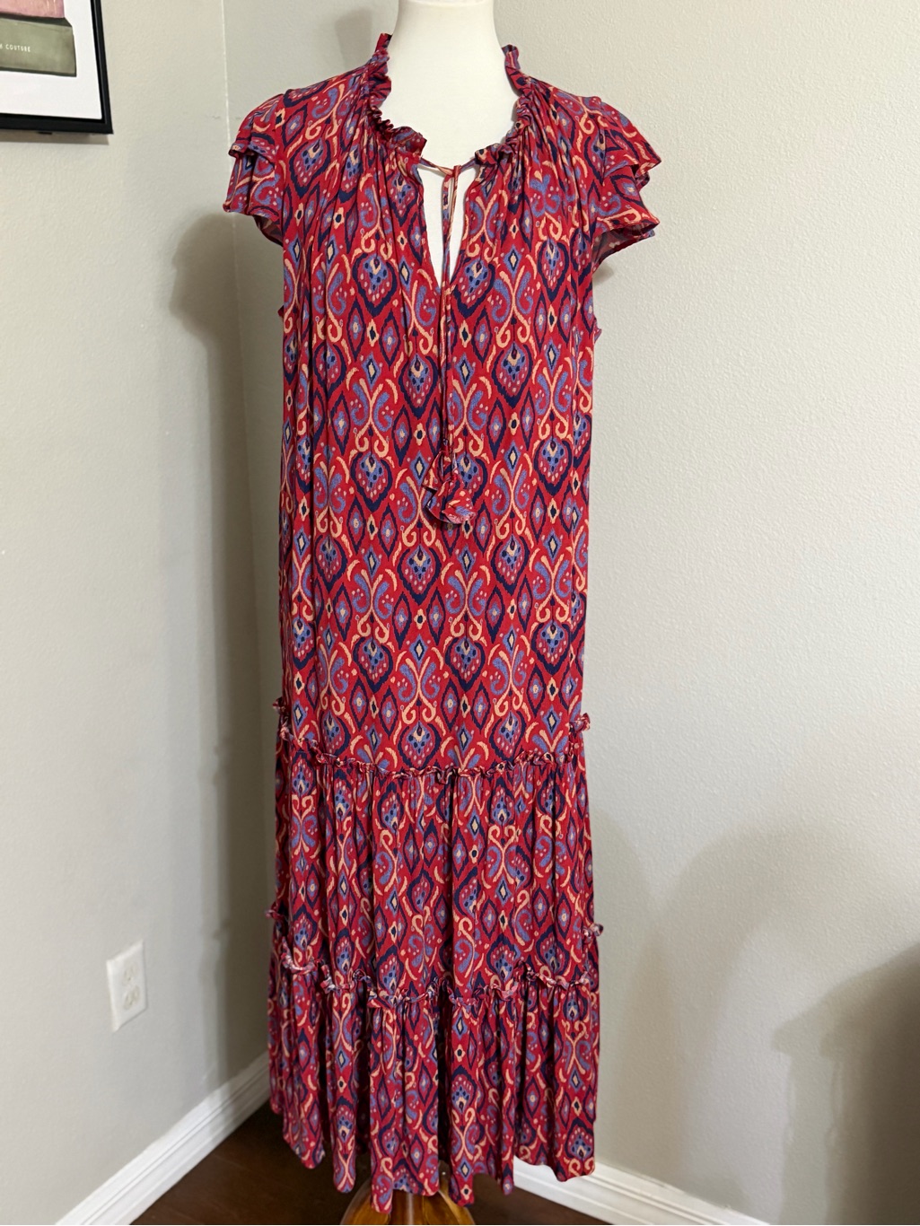 Sts Sail To Sable Red Ikat Ruffle Neck Tiered Midi Dress M